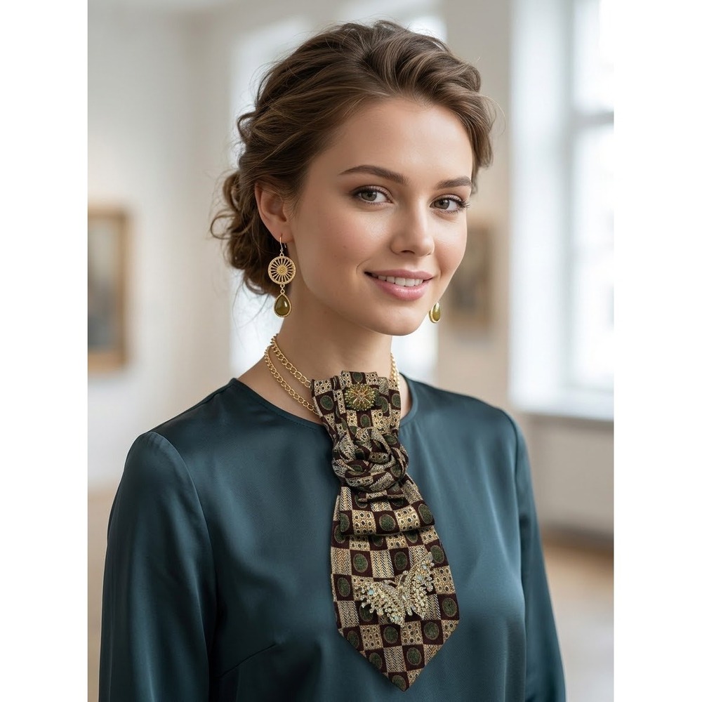 Metropolitan Museum of Art Silk Tie Necklace Brooch & Earrings Set Burgundy